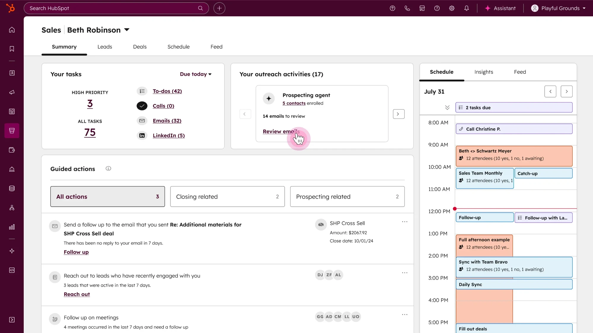 HubSpot Sales-Übersicht mit Aufgaben, Outreach-Aktivitäten, empfohlenen Aktionen und Terminkalender