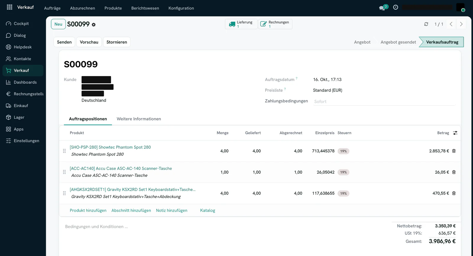 Odoo Auftrag mit Positionen, Liefer- und Abrechnungsstand
