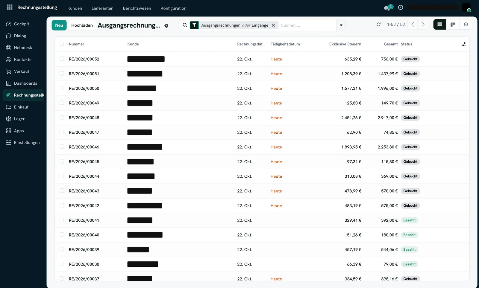 Odoo Ausgangsrechnungen mit Zahlungsstatus