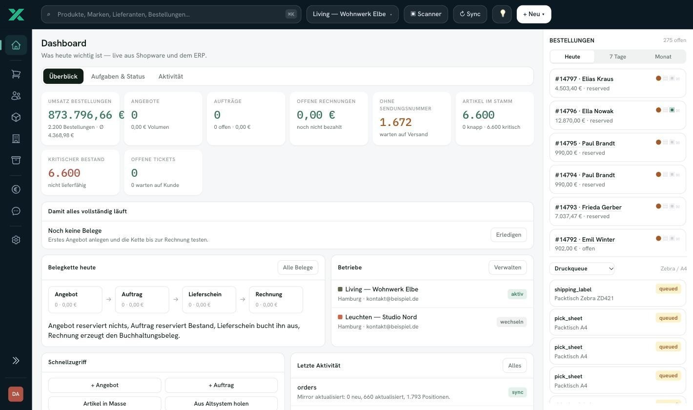 sellxio Dashboard mit Umsatz, Aufträgen, offenen Rechnungen und Bestellungen live aus Shopware
