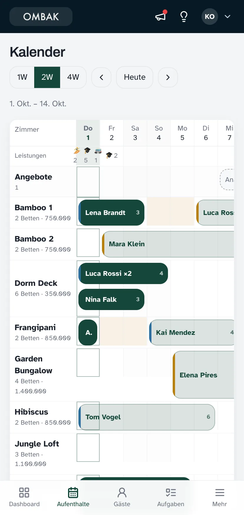 tendto Belegungskalender auf dem Smartphone